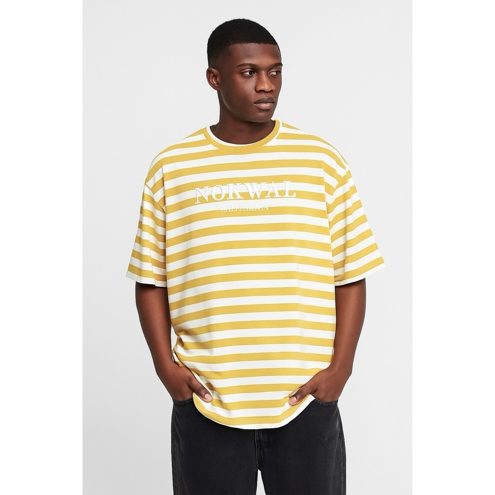 Nokwal CA Striped Crewneck Embroidered Spell Out Focal Point Streetwear T-Shirt